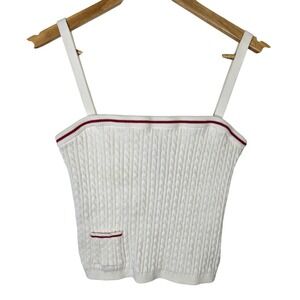 VTG Ralph Lauren Women's White Cable Knit Crop Top Red Trim Size Medium
